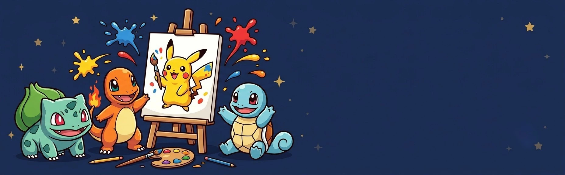 Bulbasaur, Charmander y Squirtle pintando a Pikachu en un lienzo