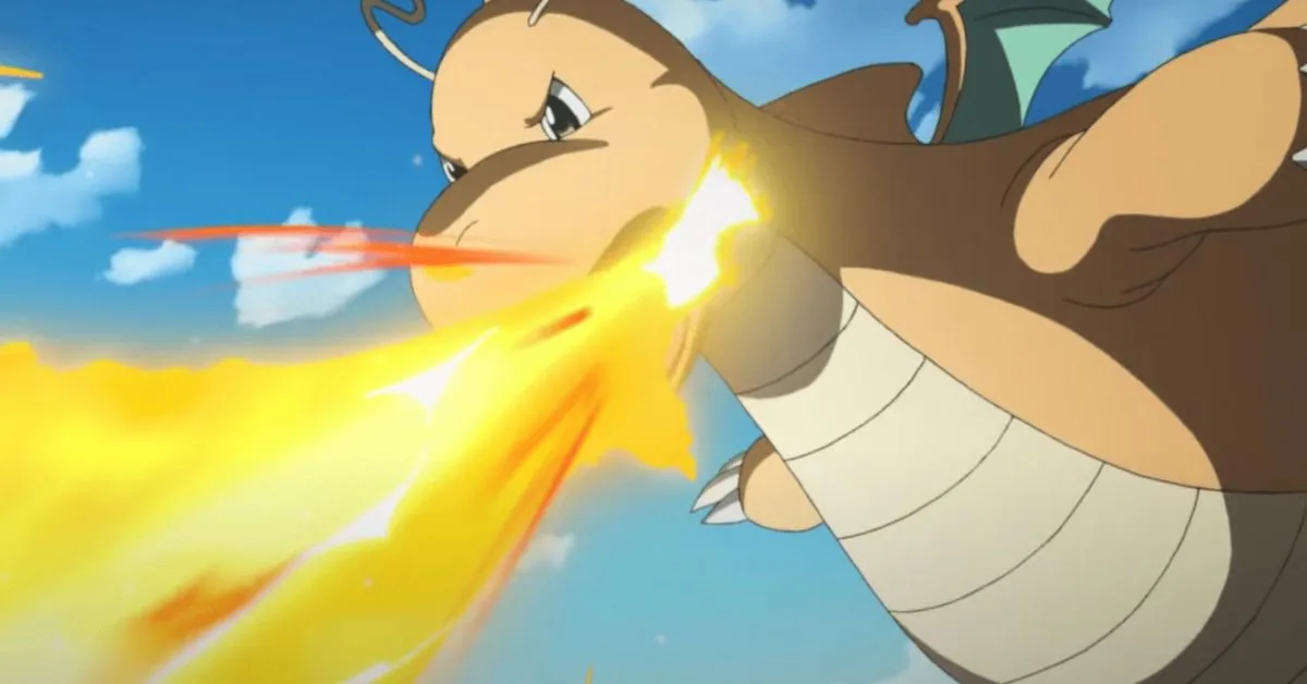 Dragonite lanzando un ataque de fuego en el anime de Pokémon