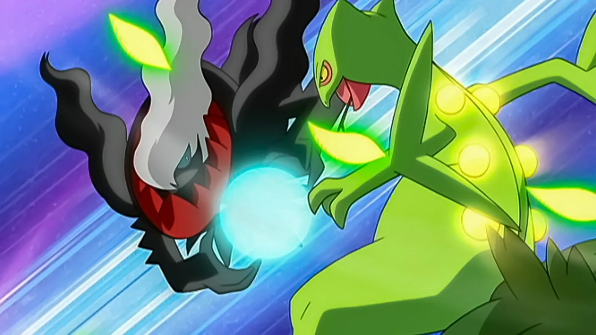 Darkrai y Sceptile enfrentándose en un combate del anime de Pokémon