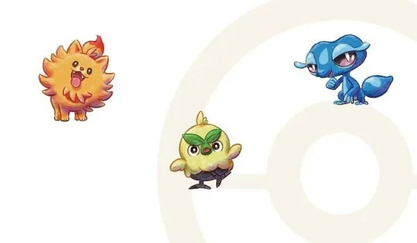 Browt, Pombon y Gecqua, los iniciales de Pok&eacute;mon Viento y Oleaje, dibujados en estilo acuarela sobre una Pok&eacute; Ball