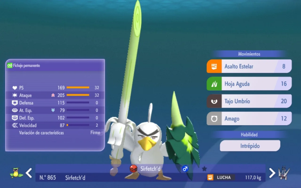 Ficha del Sirfetch'd de la Serie de Retos Mensuales de octubre de 2026 en Pok&eacute;mon Champions: naturaleza Firme, habilidad Intr&eacute;pido y movimientos Asalto Estelar, Hoja Aguda, Tajo Umbr&iacute;o y Amago