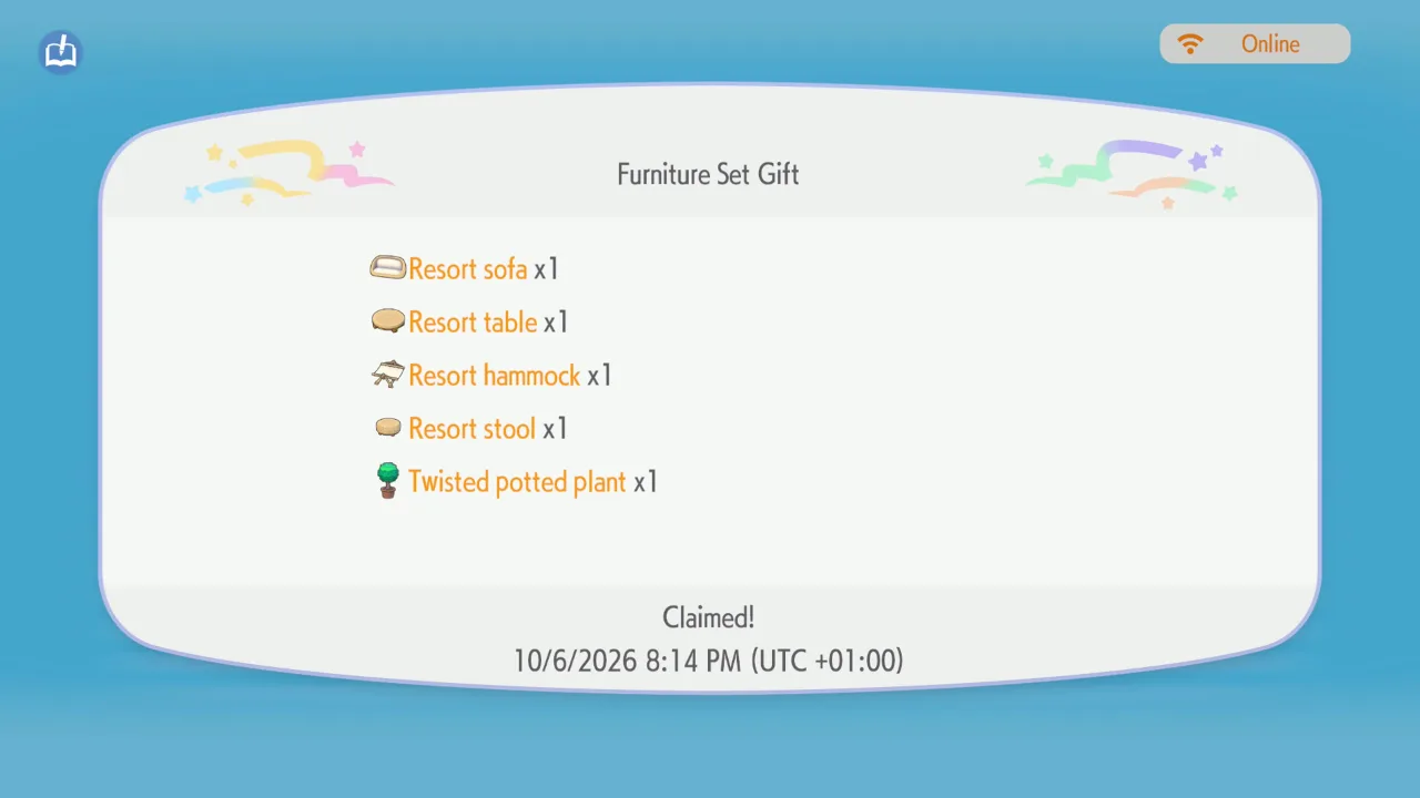 Pantalla de Pok&eacute;mon Pokopia con el lote de muebles del c&oacute;digo D1VE1NTHESEA: sof&aacute;, mesa, hamaca y taburete de resort y planta en maceta retorcida