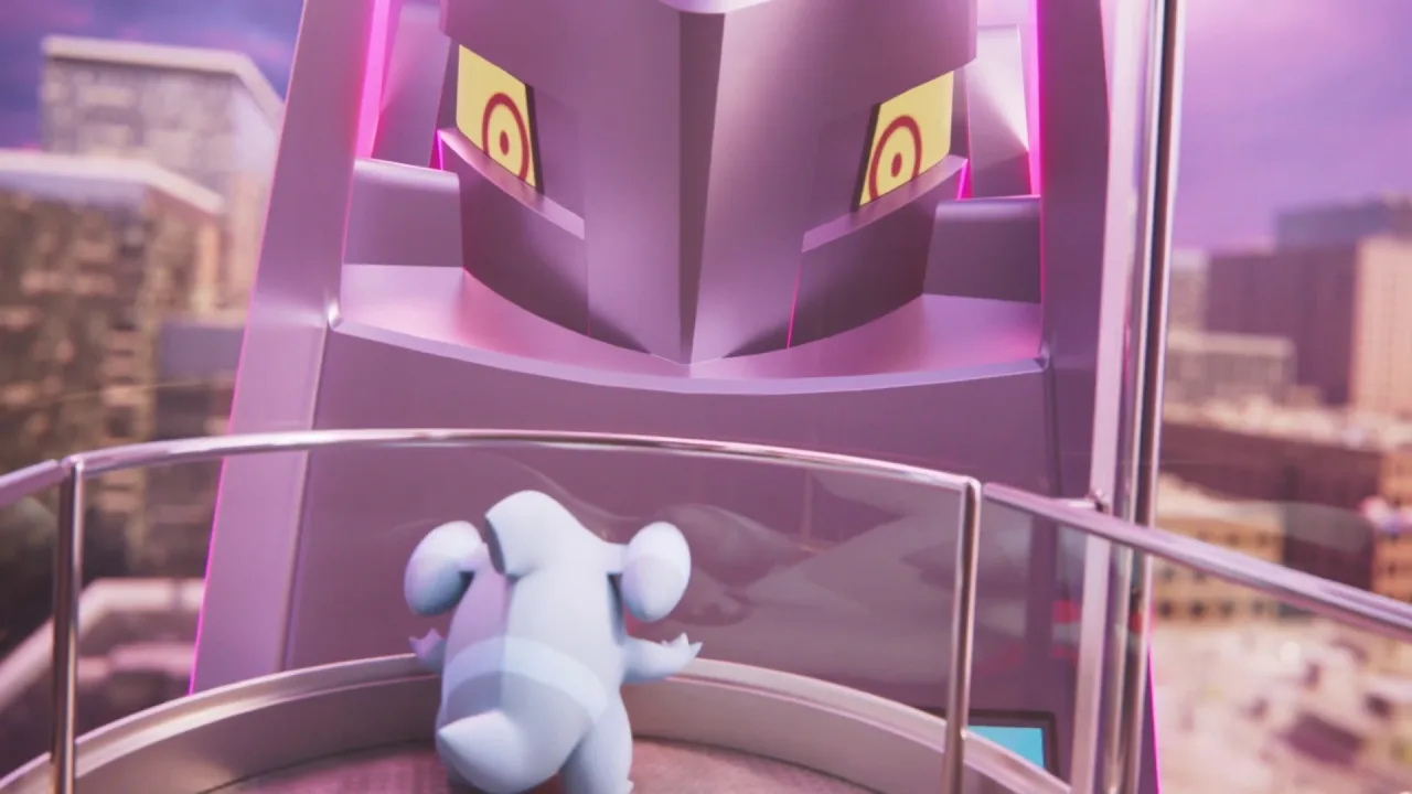 Gible frente a Duraludon Gigamax convertido en rascacielos en el v&iacute;deo de Pok&eacute;mon GO
