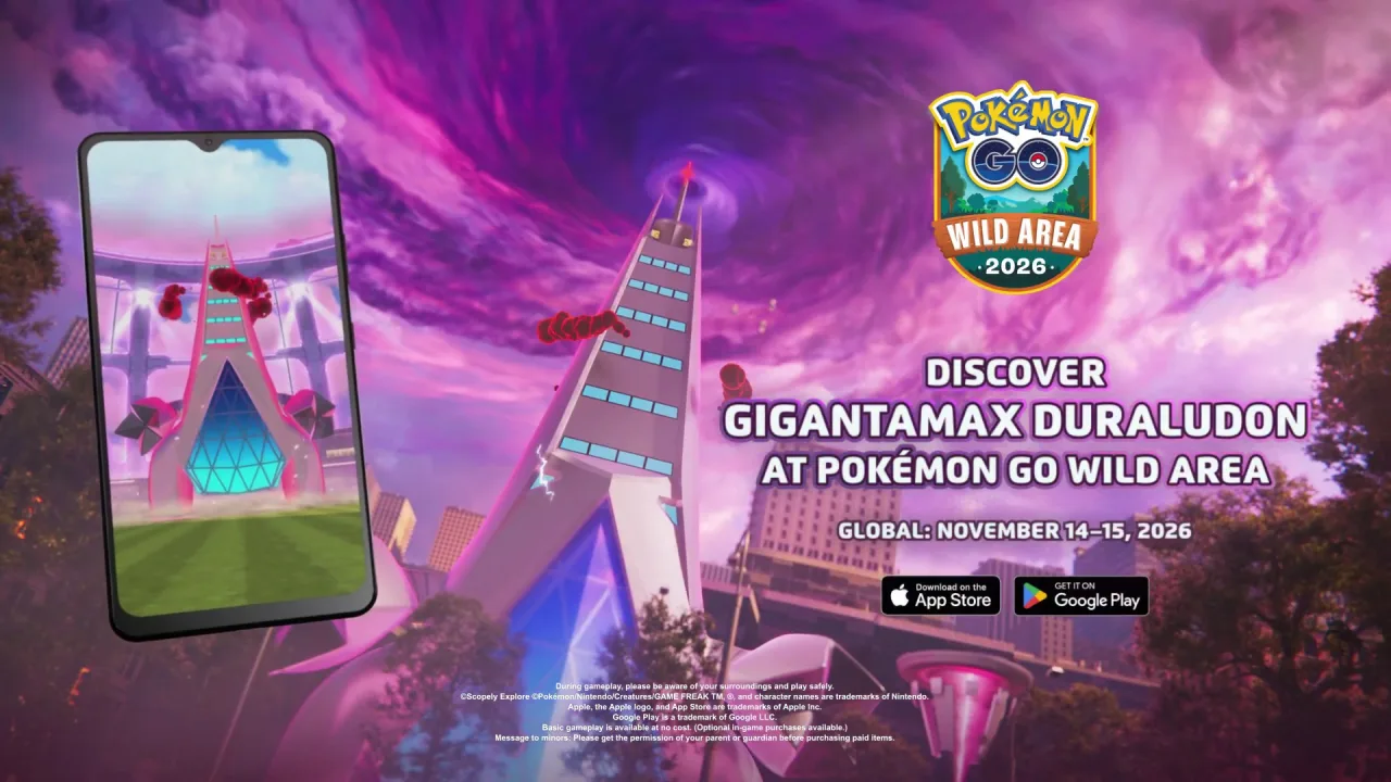 Cartel oficial de Duraludon Gigamax en el &Aacute;rea Silvestre de Pok&eacute;mon GO Global, 14 y 15 de noviembre de 2026