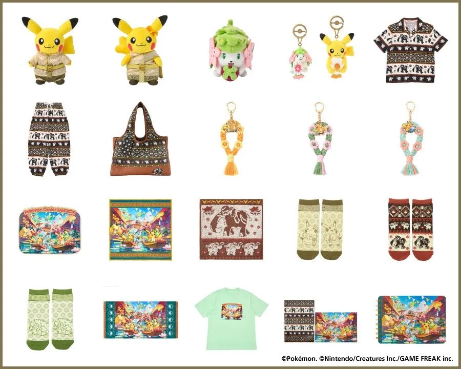Productos exclusivos del Pok&eacute;mon Center Bangkok: peluches de Pikachu con traje tailand&eacute;s, Shaymin, guirnaldas y estampado de elefantes