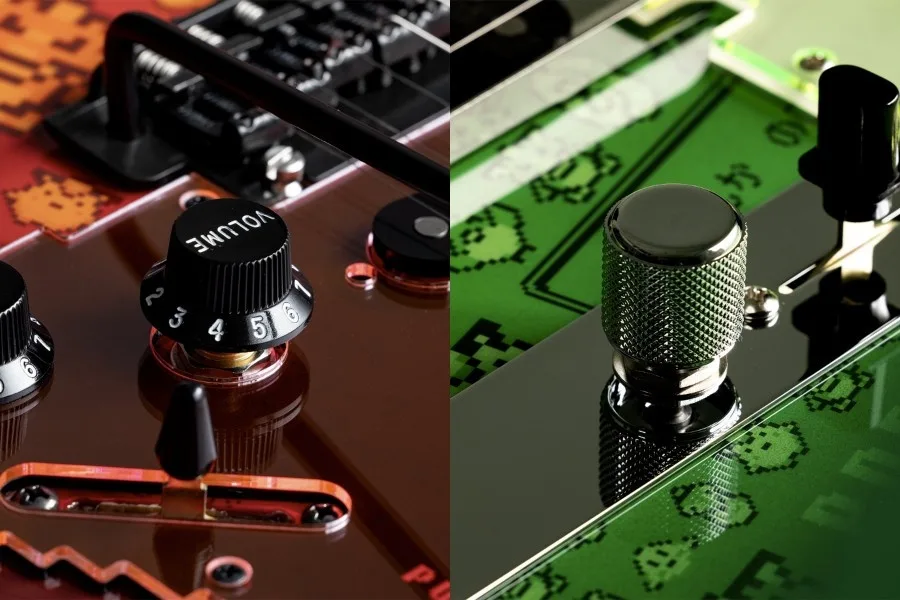 Fender y Pokémon lanzan guitarras de Rojo y Verde - Imagen 3 Detalle del mando de volumen de las guitarras Fender de Pokémon, que activa el sistema de sonido de 8 bits