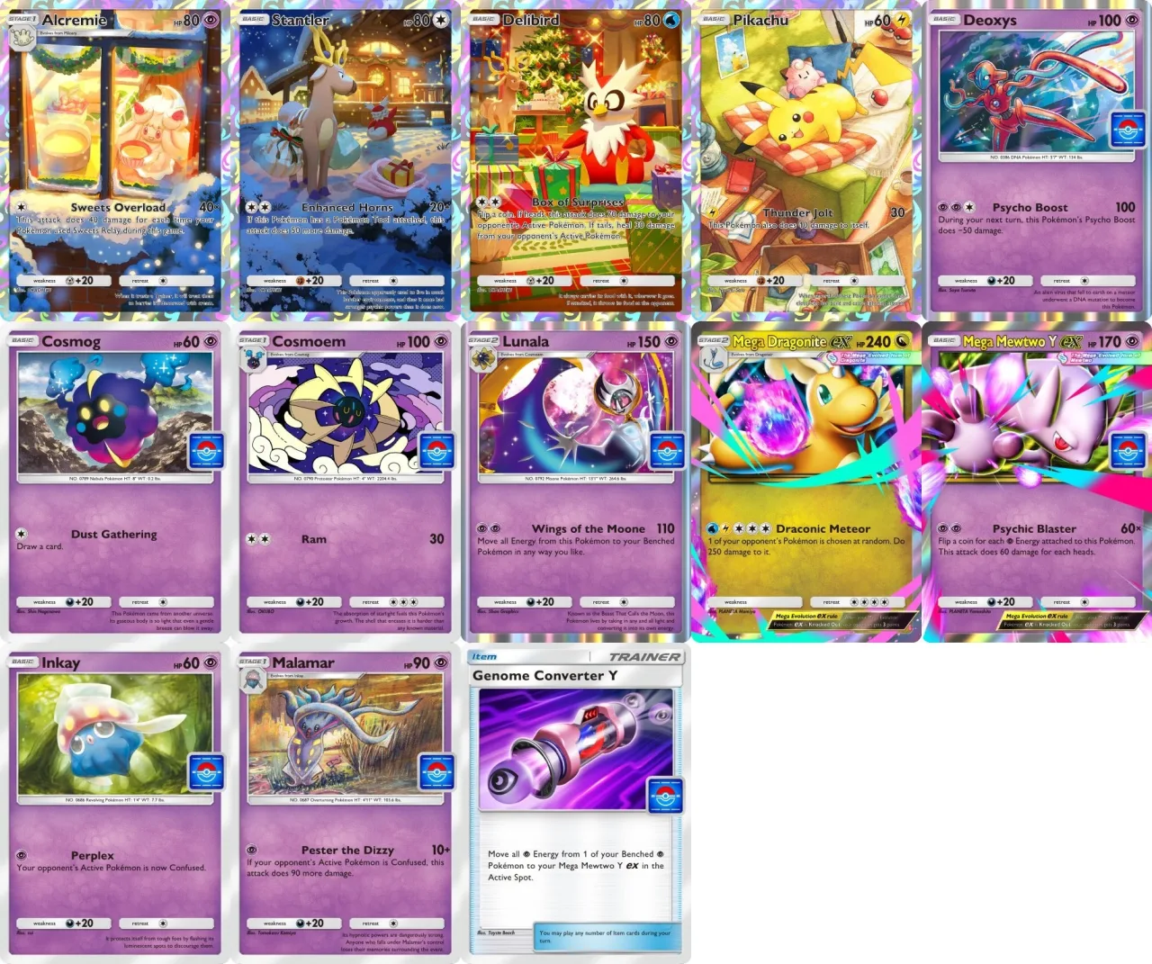Cartas promocionales de los eventos de Fusi&oacute;n Dual en JCC Pok&eacute;mon Pocket, con Mega-Dragonite ex, Mega-Mewtwo Y ex, Lunala y cartas navide&ntilde;as