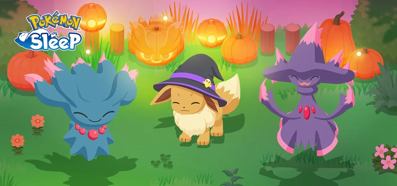 Misdreavus, Eevee con sombrero de Halloween y Mismagius en Pok&eacute;mon Sleep
