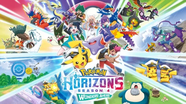 P&oacute;ster de Pok&eacute;mon Horizons Season 4 Wonders Ahead con Liko, Rod, Navie, Ditto, el Capit&aacute;n Pikachu, Koraidon y Miraidon