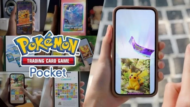 JCC Pokémon Pocket: los cambios que llegan con la Serie C - Imagen 1 Imagen promocional de JCC Pokémon Pocket con varios móviles abriendo sobres y mostrando cartas