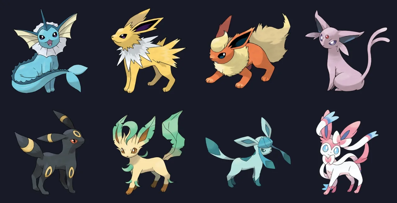 Las ocho evoluciones de Eevee: Vaporeon, Jolteon, Flareon, Espeon, Umbreon, Leafeon, Glaceon y Sylveon