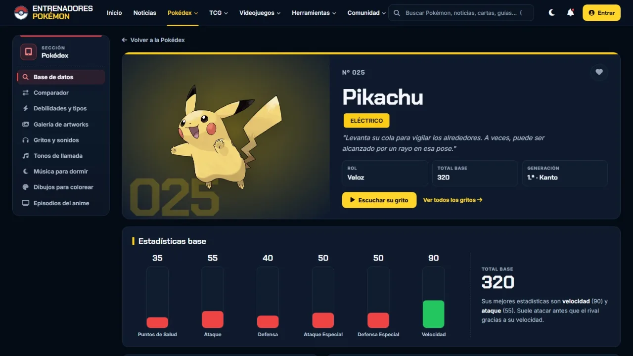 Ficha de Pikachu en la Pok&eacute;dex con el nuevo dise&ntilde;o de Entrenadores Pok&eacute;mon, con la barra lateral de la secci&oacute;n