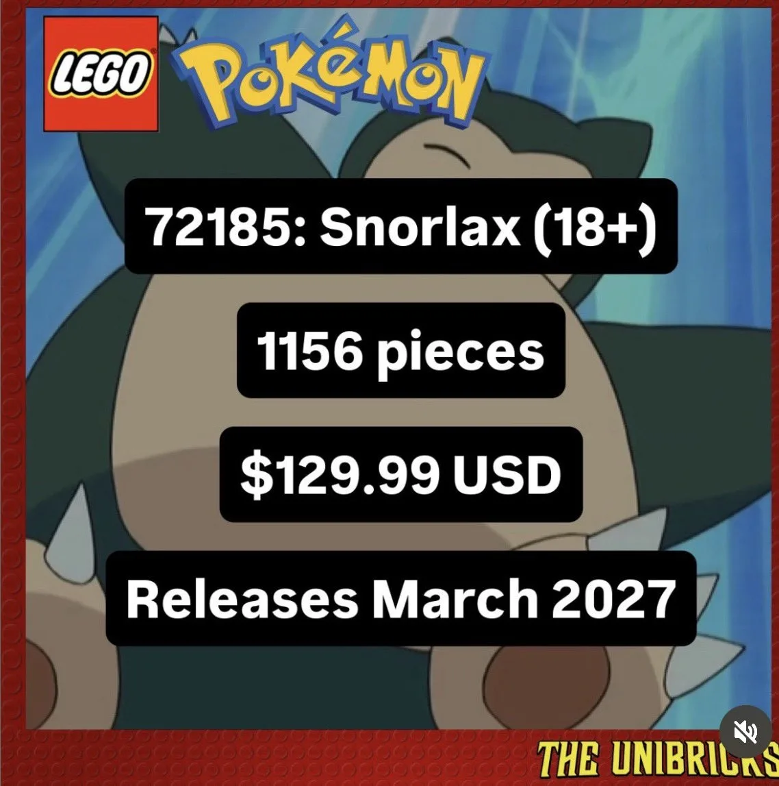 LEGO Pokémon 2027: filtran Charmander, Snorlax y Poké Ball - Imagen 2 Datos filtrados del set LEGO Pokémon 72185 de Snorlax: 1.156 piezas y 129,99 dólares