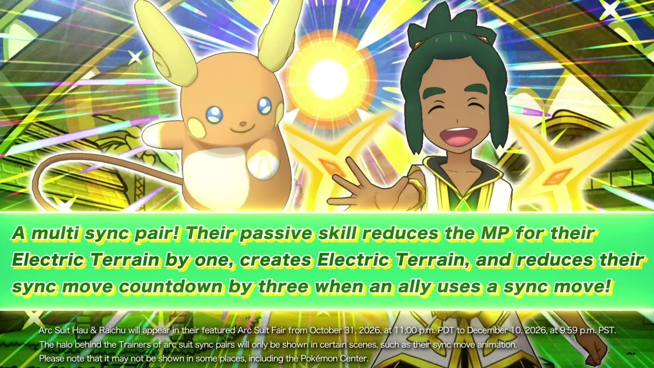 Masters EX: Gladio y Tilo llegan con sus Trajes de Arco - Imagen 2 Tilo con Traje de Arco y Raichu de Alola en el tráiler de Pokémon Masters EX