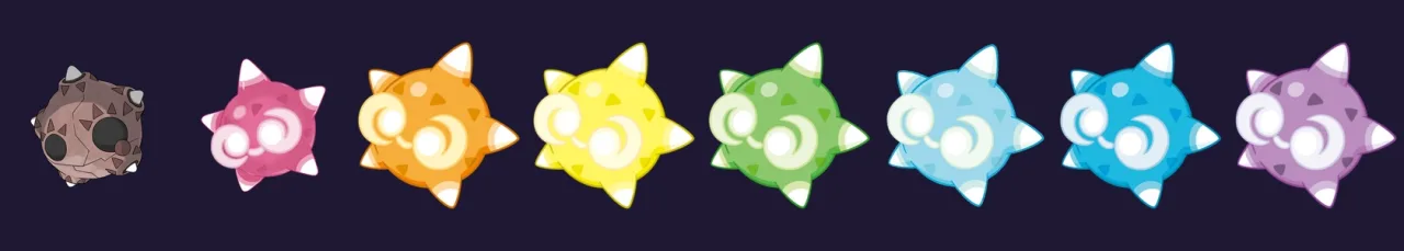 Minior en Forma Meteorito y sus siete nucleos: rojo, naranja, amarillo, verde, azul, anil y violeta