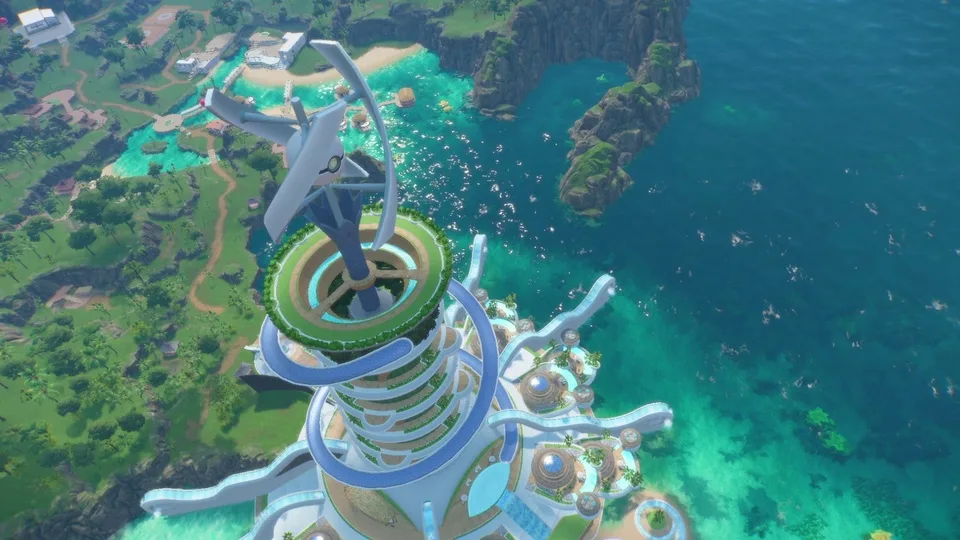 Vista aerea oficial de una isla con una gran torre en Pokemon Viento y Pokemon Oleaje