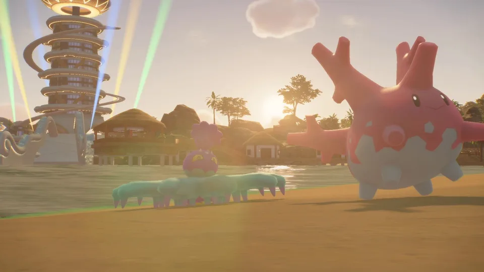 Corsola en una playa de la region tropical de Pokemon Viento y Pokemon Oleaje, imagen oficial