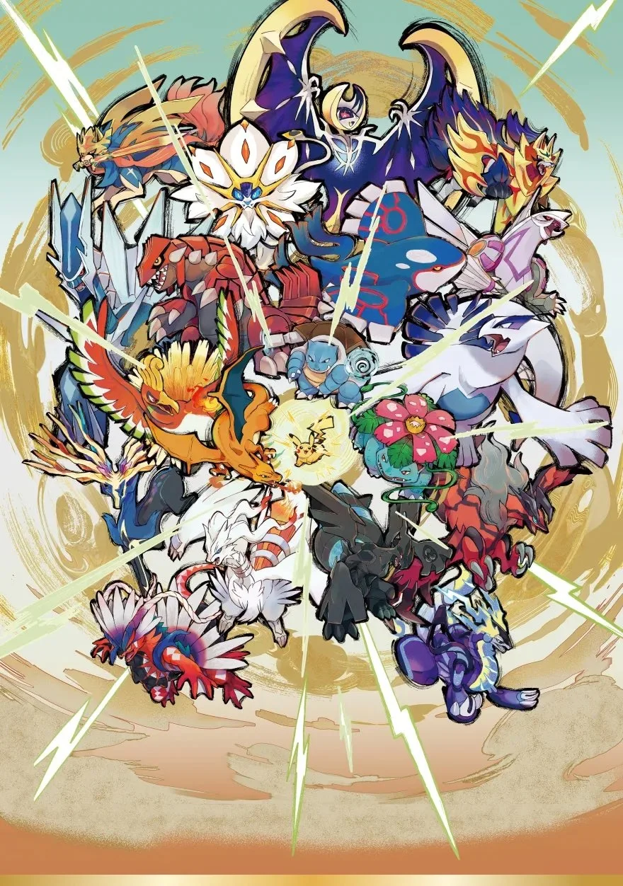 Nueva ilustración oficial con los legendarios de portada - Imagen 1 Ilustración oficial de Pokémon con los legendarios de portada de cada generación, Charizard, Venusaur, Blastoise y Pikachu