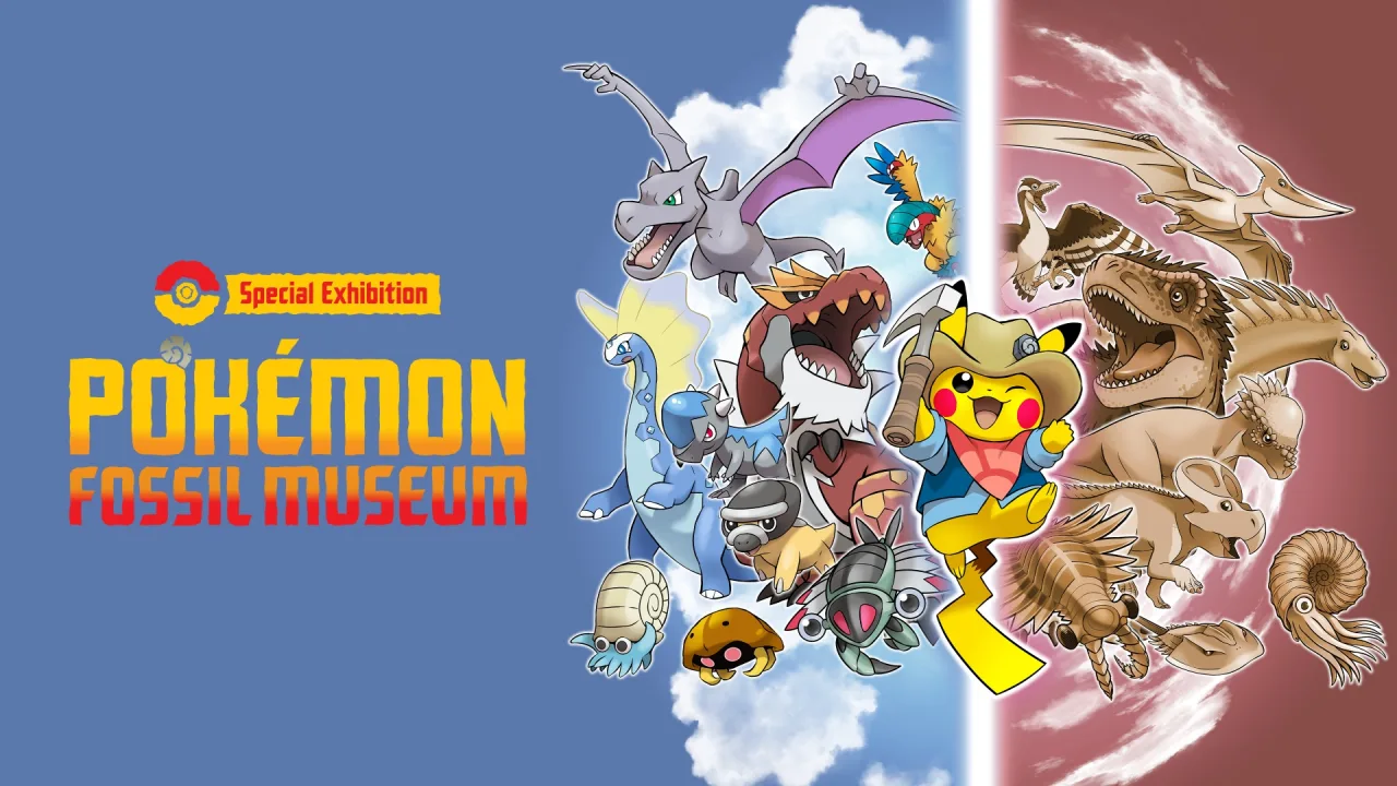 Arte oficial del Pok&eacute;mon Fossil Museum con Pikachu excavador y esqueletos de Pok&eacute;mon f&oacute;siles