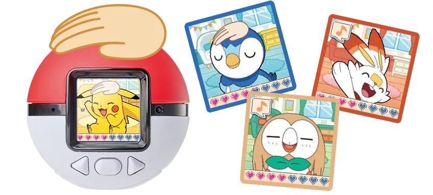 Pokémon Friends Poké Ball+: la nueva bola de Takara Tomy - Imagen 1 Pokémon Friends Poké Ball+ con Pikachu en la pantalla mientras se acaricia la bola, junto a Piplup, Scorbunny y Rowlet