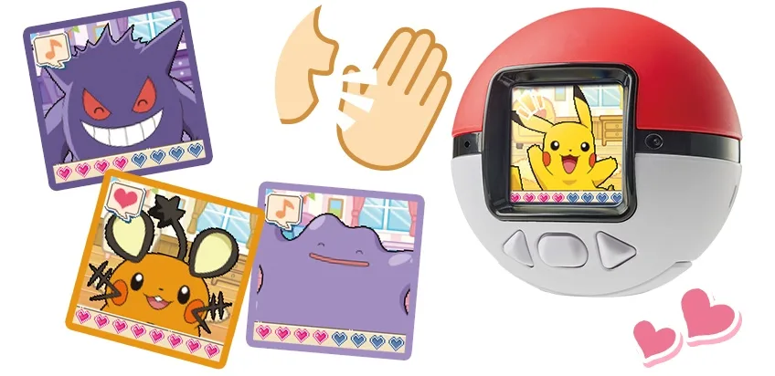 Pokémon Friends Poké Ball+: la nueva bola de Takara Tomy - Imagen 2 Pokémon Friends Poké Ball+ responde cuando se le llama: Pikachu saluda en la pantalla junto a Gengar, Dedenne y Ditto