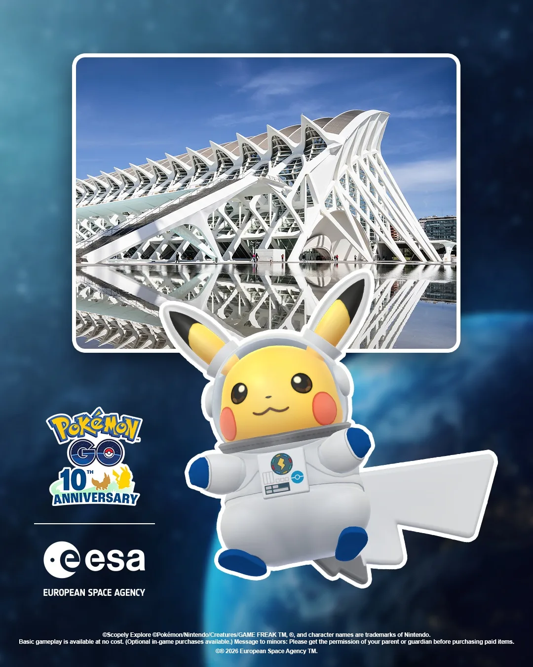 Pikachu astronauta delante del Museu de les Ci&egrave;ncies de Valencia en la colaboraci&oacute;n de Pok&eacute;mon GO con la ESA