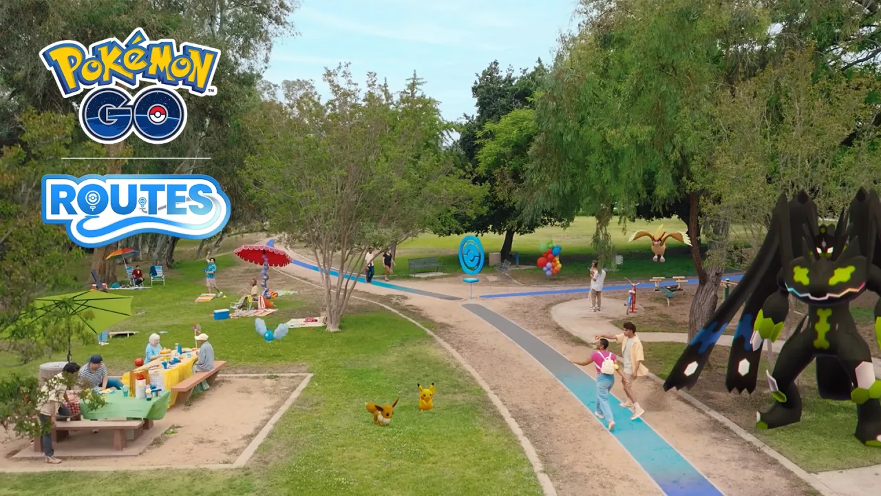 Pokémon GO mejora las Células de Zygarde, el mapa y el clima - Imagen 1 Zygarde en una Ruta de Pokémon GO por un parque, arte oficial de las Rutas