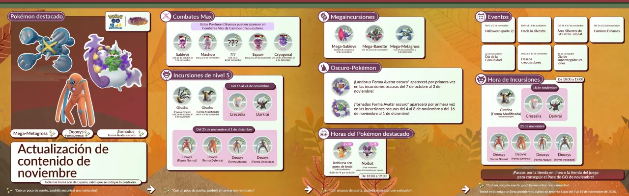 Calendario oficial de Pok&eacute;mon GO para noviembre de 2026 con incursiones, megaincursiones, Combates Max y eventos