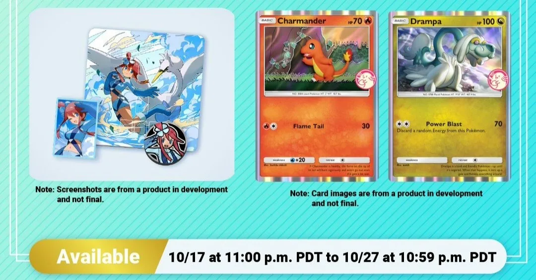 Pokémon Pocket: Elección Mágica de Charmander y Drampa - Imagen 1 Cartas promocionales de Charmander y Drampa y accesorios de Gerania de la Elección Mágica de JCC Pokémon Pocket