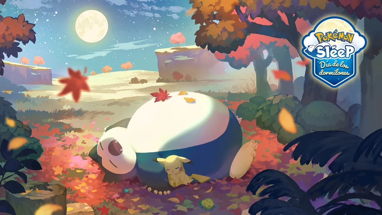 Snorlax y Pikachu durmiendo bajo la luna llena en el D&iacute;a de los dormilones de oto&ntilde;o de Pok&eacute;mon Sleep