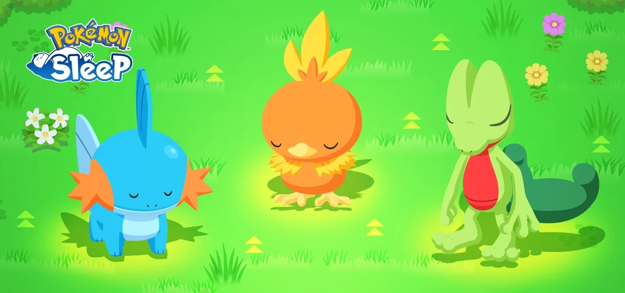 Pokémon Sleep octubre: Foongus, cocinillas y Poké Estirón - Imagen 2 Mudkip, Torchic y Treecko durmiendo en el banner oficial de la Semana del Poke Estiron vol. 6 de Pokemon Sleep