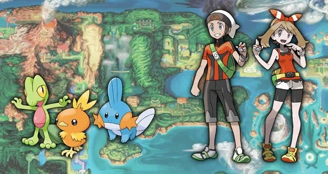Treecko, Torchic y Mudkip junto a Bruno y Aura sobre el mapa de Hoenn, de Pok&eacute;mon Rub&iacute; y Zafiro
