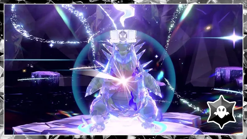 Tyranitar con teratipo Fantasma en una teraincursion de 7 estrellas de Pokemon Escarlata y Purpura