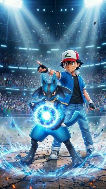 Ash y Lucario en la Arena